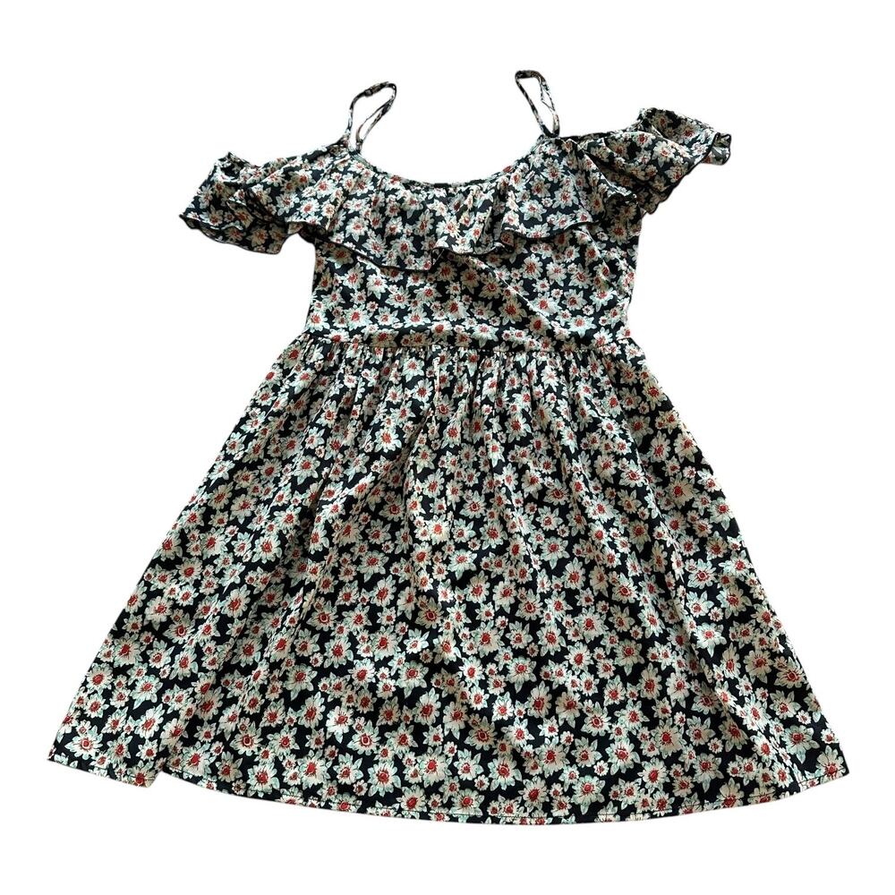 Womens Dress Medium Black Floral Off Shoulder Ruffles Adjustable Straps Flowy